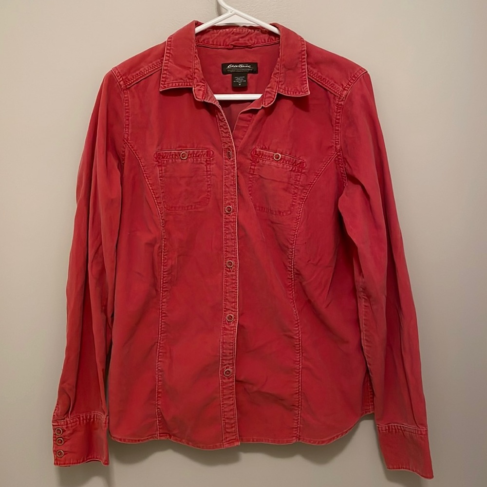 Eddie Bauer Red Corduroy Button Up Shirt Size M tall